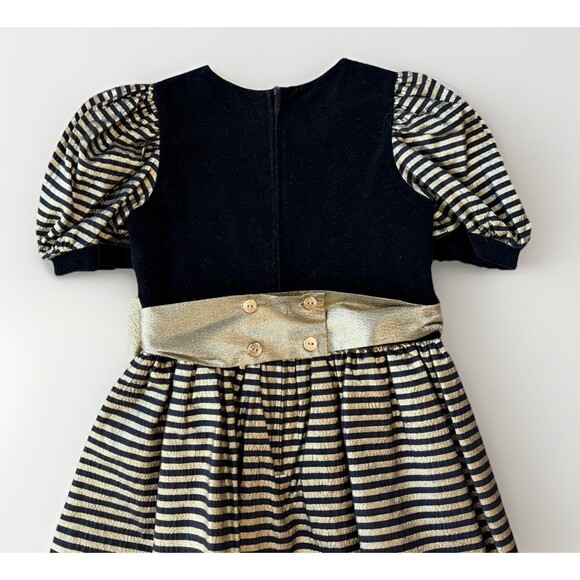 Vintage Sylvia Whyte Girls Holiday Black Gold Velvet Dress Size 12 Bow Striped - Picture 8 of 9